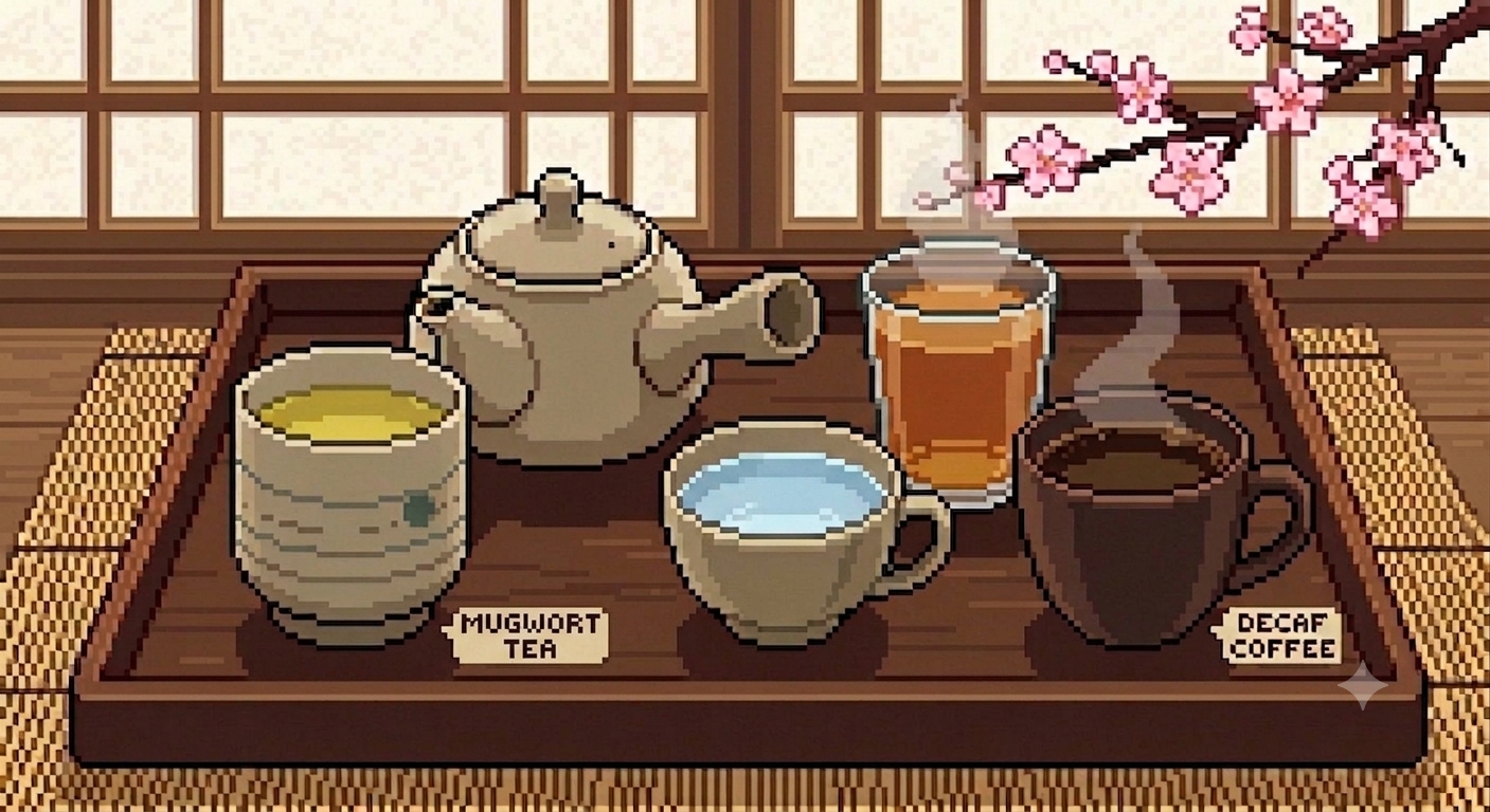 Pixel art tea tray with mugwort tea, decaf coffee, and more
